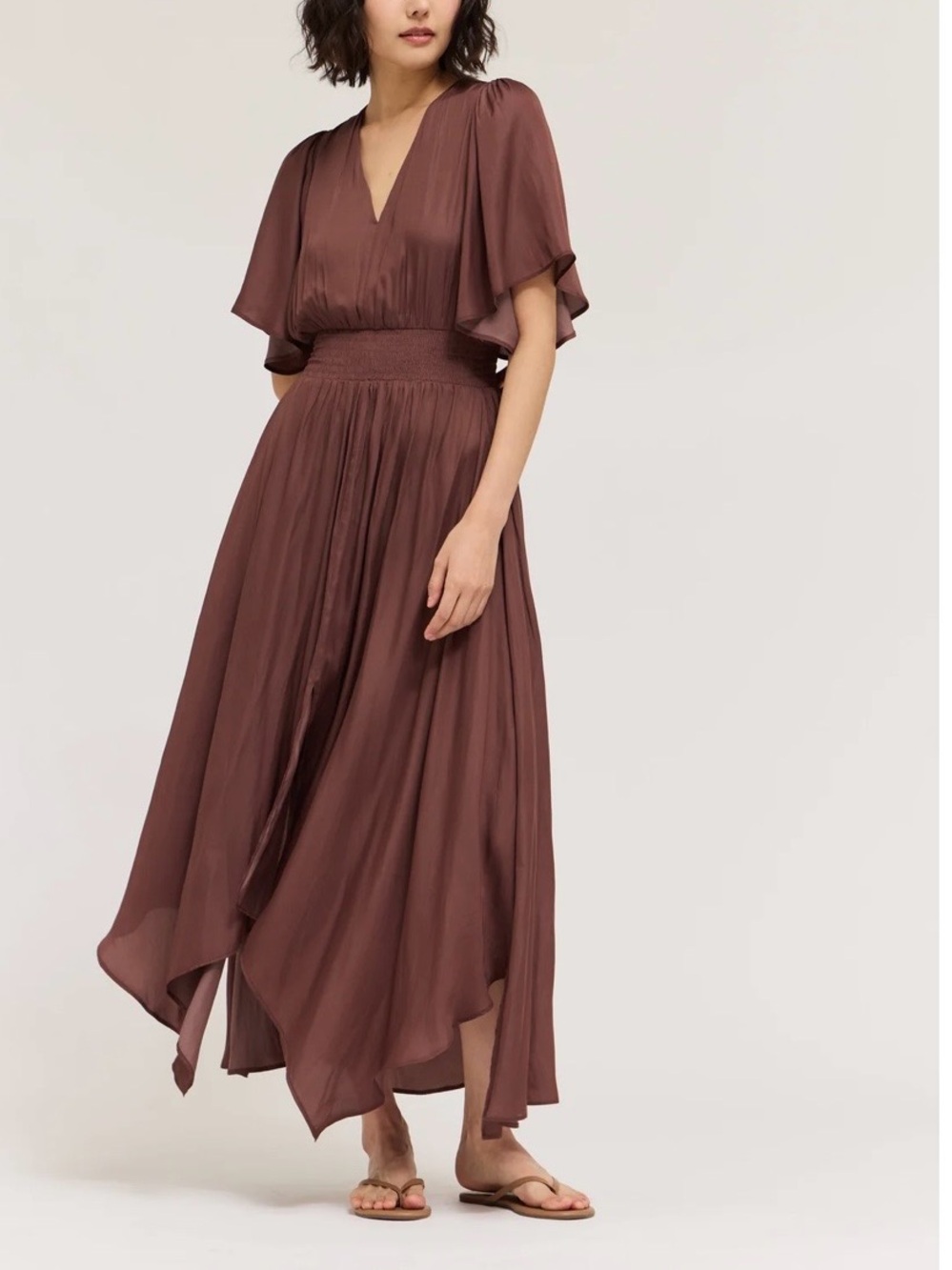 V-Neck Flutter Sleeve Maxi Dress in Tan